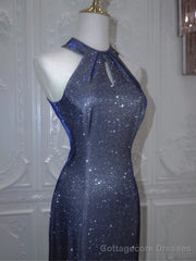 Luxurious Navy Blue Long Evening Gown Mermaid Halter Neck Backless Party Dress