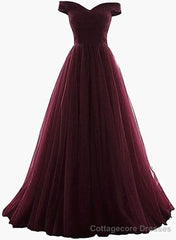 Maroon Off Shoulder Bridesmaid Dress  Long, Simple Tulle Dress