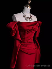 Mermaid Off The Shoulder Burgundy Long Satin Prom Dresses Elegant
