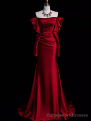Mermaid Off The Shoulder Burgundy Long Satin Prom Dresses Elegant