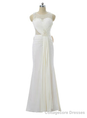 Mermaid Scoop Chiffon Pearls Bow See Through Long Evening Dresses