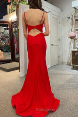 Mermaid Spaghetti Straps Red Long Prom Dress with Split Front