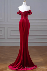 Mermaid Strapless Burgundy Velvet Prom Dresses Evening Dress