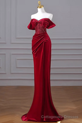 Mermaid Strapless Burgundy Velvet Prom Dresses Evening Dress
