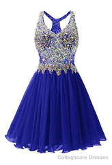 Navy Blue Chiffon Crystal Homecoming Dress