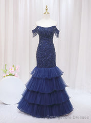 Navy Blue Mermaid Tulle Beading Off the Shoulder Prom Dress