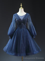 Navy Blue Sequins Long Sleeve Beading Homecoming Dress