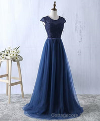 Navy Blue Tulle Long Bridesmaid Dresses, Navy Blue Bridesmaid Dresses