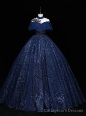 Navy Blue Tulle Sequins Appliques Beading Quinceanera Dress