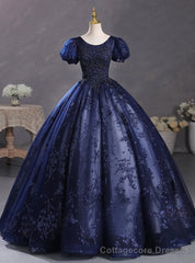 Navy Blue Tulle Sequins Puff Sleeve Beading Quinceanera Dress