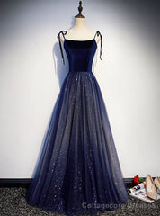 Navy Blue Tulle Spaghetti Straps Sequins Prom Dress