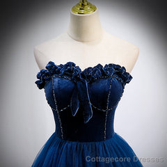 Navy Blue Velvet Top and Tulle Long Formal Dress, Blue Sweetheart Prom Dress