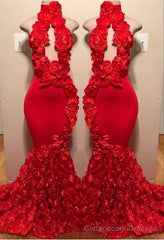 New Arrival Red Keyhole Mermaid Flowers Halter Sleeveless Long Prom Dresses