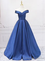 Off Shoulder Blue Satin A-line Floor Length Prom Dress, Blue Simple Formal Dress