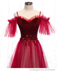 Off Shoulder Wine Red Velvet and Tulle Party Dress, A-line Tulle Floor Length Prom Dress