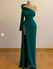 One Shoulder Long Sleeves Evening Gowns With Slit Formal Occasion Pageant Dress