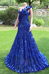 One Shoulder Royal Blue Prom Dresses Sequin Long Fromal Dresses