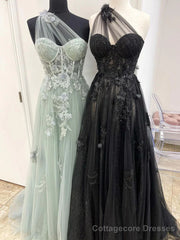 One Shoulder Tulle with Lace Applique High Slit Party Dress, Tulle Formal Prom Dress