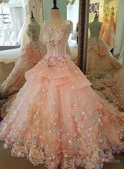 Pink Flowers Round Neckline Sweet 16 Dress, Pink Quinceanera Dress