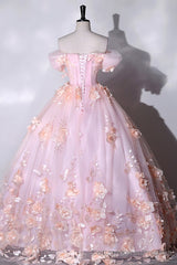 Pink Flowers Sweetheart Ball Gown Formal Dresses, Pink Long Sweet 16 Dresses