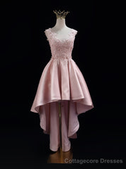 Pink Satin  Lace Prom Dress