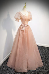 Pink Short Sleeves Tulle Party Dress, A-line Flower Lace Prom Dress