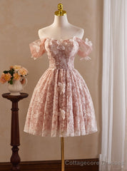 Pink Tulle Lace Flower Homecoming Dress