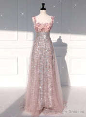 Pink Tulle Sequins Straps Flower Prom Dress