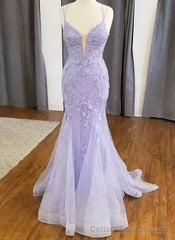 Straps Mermaid V-neck Tulle Appliques Lace Prom Dresses