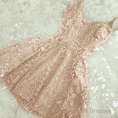 A Line Spaghetti Straps Champagne Short Short Cute Prom Dresses