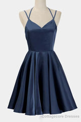 A Line Dark Blue Satin V Neck Short Sleeveless Backless Prom Dresses