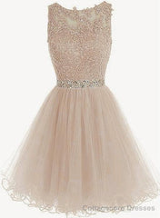Charming Light Champagne Short Lace Beaded Party Dress, Tulle Homecoming Dress, Formal Dress