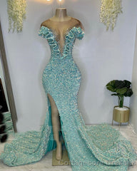 Sequins Light Blue Prom Dresses, Mermaid Prom Dresses, Ruffle  Side Slit Custom Make Evening Dresses