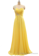 Elegant One Shoulder Yellow Chiffon Beaded Pleat Long Bridesmaid Dresses