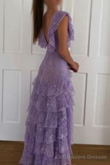 Purple Lace Long Prom Dress Backless Evening Dress Stunning Maxi Dress