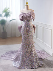 Purple Mermaid Sequins Spaghetti Straps Bow Prom Dress