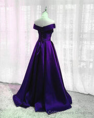 Purple Satin Off Shoulder Long Prom Dress, A-line Simple Purple Formal Dress