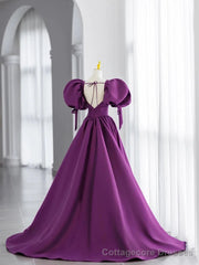 Purple Satin Puffy Sleeves Long Party Dress, Dark Purple Evening Dress