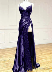 Purple Satin with Lace V-neckline Straps Long Party Dress, Black Prom Dress