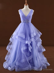 Purple Tulle High Waist V-neck Backless Wedding Dress