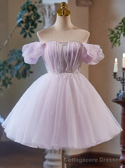 Purple Tulle Off the Shoulder Pleats Homecoming Dress