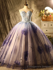 Purple Tulle Print Appliques Beading Quinceanera Dress