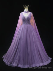 Purple Tulle Sequins V-neck Beading Prom Dress