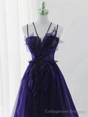 Purple Tulle with Lace Applique Long Prom Dress, Purple Long Formal Dress