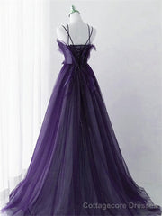 Purple Tulle with Lace Applique Long Prom Dress, Purple Long Formal Dress