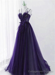 Purple Tulle with Lace Applique Long Prom Dress, Purple Long Formal Dress