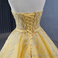 Quinceanera Dress Elegant Yellow Strapless Sequins Ball Gown Lace Up Pleated Evening Dress