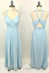Halter Light Blue Chiffon A-line Long Bridesmaid Dress