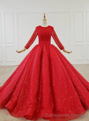 Red Ball Gown Tulle Sequins Long Sleeve Beading Floor Length Wedding Dress