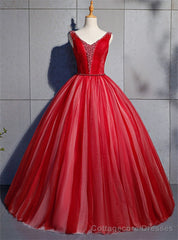 Red Ball Gown Tulle V-neck Pearls Quinceanera Dress